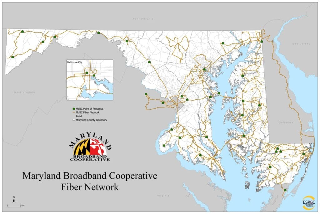 Maryland Broadband Cooperative fiber network map.