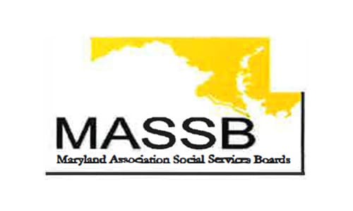 Logo of the Maryland Association Social Services Boards (MASSB) featuring the organization's acronym and a yellow outline of the state of Maryland, symbolizing connectivity akin to fiber optic networking.