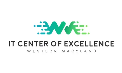 Logo of the IT Center of Excellence, Western Maryland. It features a stylized green and blue digital design, reminiscent of fiber optic networking, above the center's name in black text.