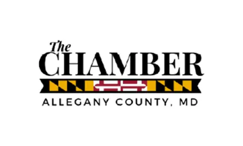 Logo of The Chamber of Commerce, Allegany County, MD, featuring stylized text and a graphic design element with the Maryland flag motif, symbolizing the region's advancements in fiber optic networking.