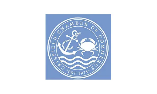 Crisfield Chamber of Commerce logo featuring an anchor, a crab, and text: 